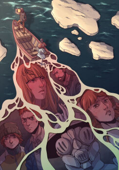 1other 3girls 5boys acele_berger ambiguous_gender armor beanie beard black_jacket black_necktie blazer blonde_hair blunt_bangs boat bomber_jacket brown_hair character_request check_character cigarette collared_shirt commentary cuno cunoesse_vittulainen disco_elysium ellis_kortenaer english_commentary facial_hair freckles from_above full_body green_jacket hat headphones helmet highres holding holding_boombox holding_cigarette ice jacket jean_vicquemare kim_kitsuragi klaasje_amandou long_hair looking_at_viewer multiple_boys multiple_girls necktie orange_hair orange_jacket serious shirt short_hair surf water watercraft waves wenny02 white_shirt