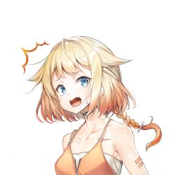 ^^^ 1girl ajishio bare_shoulders blonde_hair blue_eyes braid cevio choker collarbone commentary flat_chest furrowed_brow gradient_hair hair_flaps highres looking_at_viewer medium_hair multicolored_hair one_(cevio) open_mouth orange_hair orange_shirt portrait shirt solo spaghetti_strap surprised wavy_mouth white_background