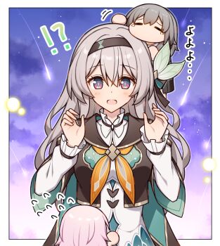 !? 1girl black_capelet black_hairband border breasts capelet commentary_request dress firefly_(honkai:_star_rail) green_dress green_eyes grey_hair hair_ornament hairband highres honkai:_star_rail honkai_(series) long_hair long_sleeves march_7th_(honkai:_star_rail) medium_breasts multicolored_dress multicolored_eyes neckerchief open_mouth outside_border pink_eyes stelle_(honkai:_star_rail) t@ke-g trailblazer_(honkai:_star_rail) translation_request two-tone_eyes upper_body white_border white_dress white_sleeves yellow_neckerchief