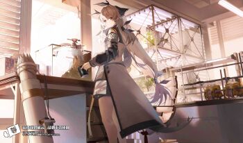 1girl arknights bare_shoulders chair chinese_commentary closed_mouth commentary_request cup day feet_out_of_frame grey_hair hair_between_eyes hair_tie highres holding indoors jia_redian_ruzi_ruzi laboratory long_hair long_sleeves looking_at_viewer mug plant red_eyes solo standing strap sunlight table tail turning_head uroko_(pattern) watermark weedy_(arknights) window