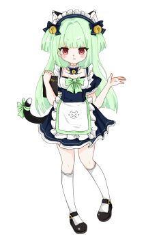 Rule 34 | 1girl, :t, alternate costume, animal ears, apron, bell, black bow, black bowtie, black dress, black shoes, blunt bangs, blunt ends, blush, bow, bowtie, cat ears, cat girl, cat tail, chinese commentary, closed mouth, commentary request, dress, dress bow, enmaided, extra ears, frilled apron, frilled sleeves, frills, full body, green bow, green hair, hair bell, hair bow, hair ornament, hands up, highres, hime cut, holding, holding menu, jingle bell, kemonomimi mode, kneehighs, long hair, looking at viewer, maid, maid apron, maid headdress, mary janes, menu, murasame (senren), neck bell, open hand, pout, puffy short sleeves, puffy sleeves, red eyes, senren banka, shoes, short dress, short sleeves, sidelocks, socks, solo, standing, straight hair, tail, tail bow, tail ornament, two side up, user sunp5475, v-shaped eyebrows, white apron, white socks