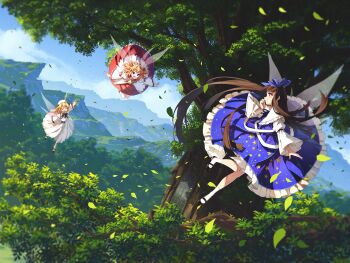 3girls absurdres banjie black_hair blonde_hair blue_bow blue_eyes blush bow brown_eyes brown_hair dress drill_hair fairy fairy_wings forest hair_bow hat highres long_hair long_sleeves luna_child multiple_girls nature official_art open_mouth orange_hair red_eyes ribbon short_hair skirt smile star_sapphire sunny_milk touhou treehouse wings