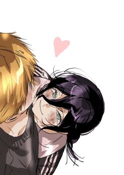 Rule 34 | 1boy, 1girl, black jacket, black sweater, blonde hair, blush, busuttt, chainsaw man, commentary request, couple, denji (chainsaw man), from above, green eyes, hair between eyes, hair bun, hair over eyes, hetero, highres, hug, jacket, korean commentary, looking at another, medium hair, purple hair, reze (chainsaw man), smile, sweater, updo, upper body, white background