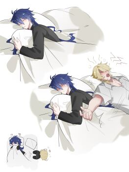 2boys anger_vein annoyed antenna_hair bed black_pants black_shirt blonde_hair blue_hair closed_eyes collared_shirt commentary flins_(genshin_impact) genshin_impact highres jiangyanliang kicking long_hair long_sleeves lying male_focus multiple_boys on_back on_side open_collar open_mouth outstretched_arm pants parted_lips pillow sequential shirt sleeping squeans sweatdrop teeth under_covers upper_teeth_only varka_(genshin_impact) very_long_hair wing_collar