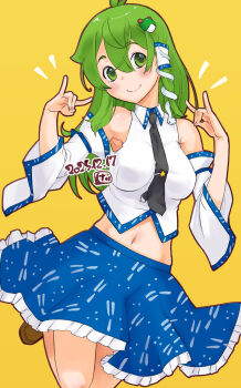 Rule 34 | 1girl, black necktie, blue skirt, blush, breasts, brown shoes, closed mouth, collared shirt, commentary request, crop top, dated, detached sleeves, double fox shadow puppet, fox shadow puppet, frilled skirt, frills, frog hair ornament, full body, green eyes, green hair, hair between eyes, hair ornament, hair tubes, highres, kei jiei, kochiya sanae, long hair, looking at viewer, medium breasts, midriff, navel, necktie, shirt, shoes, sidelocks, single hair tube, skirt, sleeveless, sleeveless shirt, smile, snake hair ornament, solo, touhou, white shirt, white sleeves, yellow background