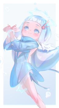 1girl absurdres blue_eyes blue_hair blush captaintcher creature dress fish halo highres looking_at_viewer original own_hands_together short_hair smile solo