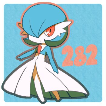 alternate_color blue_background blue_hair blue_skin bob_cut colored_skin dress gardevoir gen_3_pokemon hair_over_one_eye kiri1359 multicolored_skin nintendo no_feet orange_eyes pokemon pokemon_(creature) shiny_pokemon simple_background square two-tone_skin white_dress white_skin
