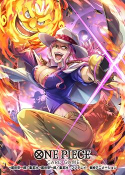 1girl blush_stickers breasts charlotte_linlin commentary_request copyright_name earrings edward_newgate epaulettes facial_hair fire hat hokuyuu holding holding_polearm holding_sword holding_weapon horns jewelry kaidou_(one_piece) large_breasts long_hair looking_at_viewer mustache official_art one_piece one_piece_card_game open_mouth pink_hair pirate_hat polearm sidelocks sparkle sword weapon zeus_(one_piece)