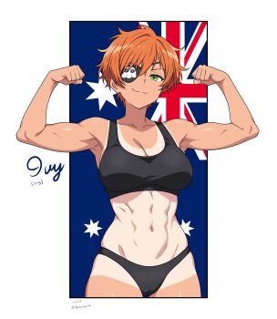 1girl :3 abs absurdres armpits arms_up artist_name australian_flag black_panties black_sports_bra breasts cameltoe character_name clenched_hands commentary commission cropped_legs double_biceps_pose english_commentary eyepatch flag_background flexing green_eyes highres ivy_(wafflemann115) large_breasts muscular muscular_female nalathorm navel orange_hair original panties short_hair solo sports_bra tan tanline tomboy twitter_username underwear underwear_only white_background
