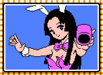 1girl animal_ears between_fingers black_hair blue_background blue_eyes bow bowtie children's_day cup detached_collar dice fake_animal_ears flat_chest holding holding_cup holding_dice kodomo_no_hi leotard loli long_hair looking_at_viewer nipples pink_bow pink_bowtie pink_leotard pixel_art playboy_bunny rabbit_ears saiwai_hiroshi simple_background smile solo standing taito takeshi_no_sengoku_fuuunji wardrobe_malfunction wrist_cuffs