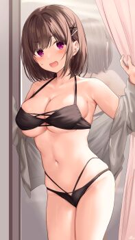 1girl armpits bare_shoulders bikini black_bikini blush breasts brown_hair childhood_friend-chan_(ramchi) cleavage collarbone fitting_room hair_ornament hairclip highres indoors large_breasts long_hair looking_at_viewer medium_hair multi-strapped_bikini_bottom multi-strapped_bikini_top navel open_mouth original purple_eyes ramchi reflection stomach sweatdrop swept_bangs swimsuit thighs trying_on_clothes underboob x_hair_ornament