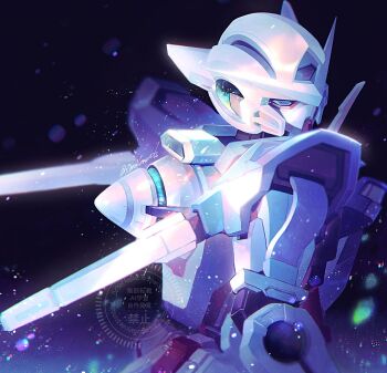 Rule 34 | blue eyes, commentary request, from side, gn drive, gundam, gundam 00, gundam exia, haya (xenoxeno06), light particles, mecha, mecha focus, mobile suit, no humans, robot, science fiction, solo, turning head, twitter username, v-fin, watermark