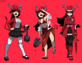 1girl :d ;) ^_^ adjusting_clothes adjusting_headwear antlers arm_at_side arm_up armpits artist_name bare_arms bare_legs bare_shoulders belt bikini black_gloves black_hair black_shoes black_skirt black_thighhighs blood blood_on_cheek blood_on_clothes blood_on_face bloody_weapon breasts bright_pupils buttons chain choker cleavage closed_eyes closed_umbrella collared_jacket commentary demon_tail english_commentary facing_up fake_antlers fang flail gloves hand_on_own_hip hat headphones highres holding holding_chain holding_flail holding_shovel holding_umbrella holding_weapon horns jacket jacket_partially_removed lapels legs_apart legs_together light_blush long_hair looking_at_viewer mary_janes medium_breasts midriff miniskirt mr_plagu3 multiple_views navel notched_lapels one_eye_closed open_clothes open_jacket open_mouth player_character_(roblox) pleated_skirt red_background red_bikini red_choker red_eyes red_hat red_jacket red_sandals red_sarong red_skirt red_tail red_theme red_umbrella roblox sandals sarong see-through_clothes see-through_jacket shaded_face shirt shoes short-sleeved_jacket short_sleeves shovel sideboob sidelocks skirt smile standing standing_on_one_leg stomach straight_hair sweat swimsuit tail tareme thighhighs toes tongue top_hat umbrella underboob very_long_hair weapon white_belt white_jacket white_pupils white_shirt white_thighhighs wind zettai_ryouiki