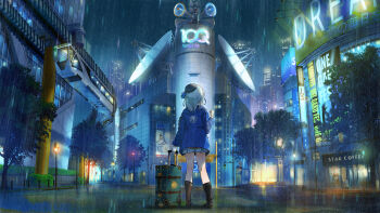 1girl amagai_ruka black_hat company_name copyright_notice full_body hat highres holding holding_suitcase lamppost miniskirt night official_art outdoors radio_antenna rain real_world_location rolling_suitcase shibuya_(tokyo) shibuya_109 shoes short_hair skirt standing suitcase tokyo_(city) train tree virtual_youtuber water_drop weather_planet wet wet_hair you_shimizu