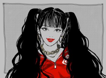 1girl blackpink blunt_bangs chain earrings eyelashes eyeliner highres hoop_earrings jewelry korean_commentary lisa_(blackpink) looking_at_viewer makeup mascara mole parted_lips poyo01158711 red_lips smile solo spot_color twintails upper_body zipper