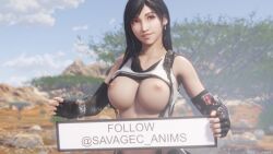 1girl 20s 3d abs absurdres animated arm_across_chest arm_guards armor artist_name belt black_belt black_bra black_gloves black_hair black_skirt blue_sky bouncing_breasts bra bra_lift breasts breasts_out clothes_lift cloud cloudy_sky cowboy_shot day dirt earrings elbow_gloves elbow_pads english_text female_focus final_fantasy final_fantasy_vii final_fantasy_vii_remake fingerless_gloves flashing gauntlets gloves greeting hand_gesture hand_guard hand_on_own_hip highres hitchhiking holding holding_sign jewelry jiggle large_breasts long_hair materia midriff mountain nipples outdoors plant pleated_skirt red_eyes rock savagecabbage shirt_lift sign single_elbow_pad skirt sky smile solo sports_bra sports_bra_lift square_enix standing straight_hair suspender_skirt suspenders tank_top thumbs_up tifa_lockhart toned toned_female toned_stomach tree underwear upper_body very_long_hair video white_tank_top