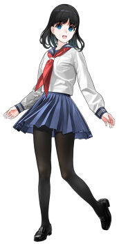 1girl :d black_hair black_pantyhose black_shoes blue_eyes blue_sailor_collar blue_skirt breast_pocket commentary_request full_body loafers long_sleeves medium_hair mibu_natsuki neckerchief open_mouth original pantyhose pocket red_neckerchief sailor_collar school_uniform serafuku shoes skirt smile solo standing tongue