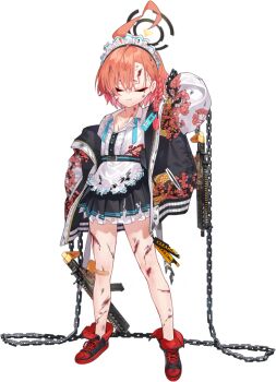 1girl :/ ahoge apron arm_at_side arm_up asymmetrical_bangs bandaid bandaid_on_knee bandaid_on_leg belt black_halo black_nails black_skirt bleeding blood blue_archive blue_ribbon braid buttons center_frills chain closed_eyes closed_mouth collarbone collared_shirt cross-laced_shoes cuts delinquent dragon_print earrings english_text facing_viewer female_focus flat_chest floral_print frilled_apron frills full_body game_asset gun hair_between_eyes halo injury jacket jewelry large_variant_set legs long_sleeves maid maid_headdress medium_hair miniskirt mole mole_under_eye mx2j neck_ribbon neru_(blue_archive) off_shoulder official_art open_clothes open_jacket orange_hair pleated_skirt pocket print_jacket raglan_sleeves raised_inner_eyebrows red_shoes ribbon scratches shirt shirt_tucked_in shoes sig_mpx simple_background single_braid skirt solo standing stud_earrings submachine_gun sukajan tachi-e tag thighs third-party_source torn_apron torn_clothes torn_shirt torn_shoes torn_skirt transparent_background u_u undone_neck_ribbon variant_set waist_apron weapon white_apron white_shirt white_sleeves zipper zipper_pull_tab