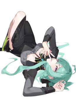 1girl absurdres ahoge black_dress black_shoes breasts cleavage commentary dress green_hair green_nails highres i!roha long_hair long_sleeves looking_at_viewer nyx_(stella_sora) purple_eyes shoes side_slit simple_background smile solo stella_sora white_background