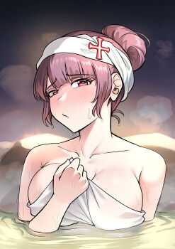 1girl bare_shoulders blush breasts closed_mouth collarbone commentary cross_hair_ornament english_commentary girls&#039;_frontline girls&#039;_frontline_2:_exilium hair_bun hair_ornament half-closed_eyes highres holding holding_towel large_breasts looking_at_viewer makiatto_(girls&#039;_frontline_2) naked_towel official_alternate_costume onsen purple_hair red_eyes senpaihawkkun single_hair_bun sitting solo steam sweat towel towel_on_head wa2000_(girls&#039;_frontline)