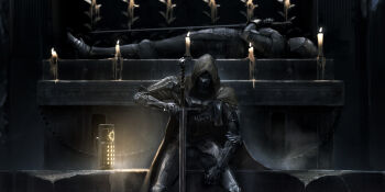 Rule 34 | armor, armored gloves, candle, cloak, dark, death, full armor, helm, helmet, highres, holding, holding sword, holding weapon, knight, leg armor, lying, nisetanaka, original, shoulder armor, sitting, sword, weapon