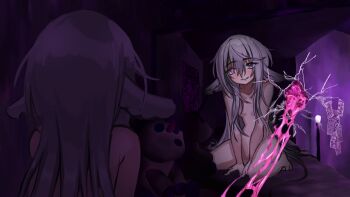 1girl 56koruru :d animal_ears barefoot bedroom between_legs bleeding blood blood_splatter broken_glass completely_nude full_body glass grin guro hair_over_shoulder hand_between_legs head_tilt highres id_and_i indoors lolratz long_hair looking_at_reflection mattress nipples non-web_source nude open_mouth organs pink_blood pink_hair reflection reflection_focus seraline sitting skinny smile wariza