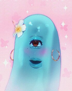 1boy aegyo_sal alternate_design animification artist_name b.o.b._(monsters_vs._aliens) bald blue_skin brown_eyes chromatic_aberration colored_skin commentary drawn_flower earrings english_commentary eyelashes film_grain flower gold_earrings hair_flower hair_ornament halftone hibiscus hoop_earrings jewelry light_blush looking_ahead looking_up meme mole mole_under_eye monster_boy monsters_vs._aliens multicolored_hair noisykoala one-eyed open_mouth pink_background pink_theme shiny_skin slime_boy sparkle thick_lips two-tone_hair white_flower yellow_flower
