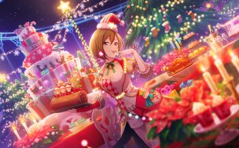 Rule 34 | > <, 1girl, belt, blue thighhighs, blurry, box, breasts, brown hair, candle, candy, candy cane, christmas, christmas ornaments, christmas tree, cleavage, colorful palette, depth of field, fingerless gloves, fingernails, fire, flower, food, fruit, fur-trimmed headwear, fur trim, game cg, gift, gift box, gloves, hat, highres, holding, holding tray, kamishiro rui, kusanagi nene, meiko (vocaloid), mismatched thighhighs, nail polish, navel, official art, ootori emu, pink thighhighs, poinsettia, pom pom (clothes), project sekai, red flower, red gloves, red hat, red nails, santa hat, seinaru yoru ni kono utagoe wo (project sekai), shorts, solo, star (symbol), strawberry, striped clothes, striped thighhighs, tenma tsukasa, thighhighs, third-party source, tongue, tray, vocaloid, white belt, white gloves, white shorts, white thighhighs, wonderlands x showtime (project sekai), wonderlands x showtime meiko, yule log (cake)