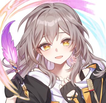 1girl asymmetrical_gloves black_gloves brown_hair commentary_request fingerless_gloves gloves hair_between_eyes hands_up highres holding holding_quill honkai:_star_rail honkai_(series) kobato_(youyoshi0422) long_hair looking_at_viewer mismatched_gloves open_mouth quill shirt solo stelle_(honkai:_star_rail) trailblazer_(honkai:_star_rail) upper_body white_shirt yellow_eyes