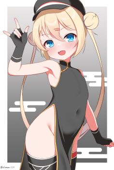 Rule 34 | 1girl, absurdres, azur lane, black dress, black gloves, blonde hair, blue eyes, china dress, chinese clothes, commentary request, commission, double bun, dress, fang, fingerless gloves, gloves, hair bun, hat, highres, long hair, skeb commission, sleeveless, sleeveless dress, slumpa, smile, solo, thighhighs, twintails, z18 (azur lane)