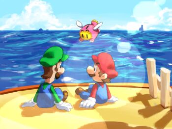 3boys black_eyes blue_overalls blue_sky boots brothers brown_boots brown_facial_hair brown_hair cloud day eyebrows_visible_through_hat facial_hair fence flying gloves green_hat green_shirt hands_on_ground hat highres island lens_flare long_sleeves looking_at_another luigi mario mario_&amp;_luigi:_brothership mario_&amp;_luigi_rpg mario_(series) multiple_boys mustache newsboy_cap nintendo ocean outdoors overalls red_hat red_shirt shirt short_hair siblings sitting sky snoutlet_(mario) white_fence white_gloves yamari_(ya_mari_6363)