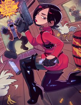 ada_wong barrel bird black_eyes black_hair boots butt_crack_outline chicken dress egg feathers gloves gun handgun high_heels holster leon_s._kennedy long_sleeves looking_at_viewer magazine_(weapon) on_one_knee pantyhose pistol resident_evil resident_evil_4 shell_casing short_dress short_hair speech_bubble speedoru thigh_boots thighhighs turtleneck weapon window wooden_floor zombie