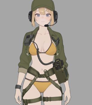 1girl bikini blonde_hair blue_eyes feet_out_of_frame green_jacket grey_background hat headphones jacket jaejae military military_uniform navel original short_hair simple_background sitting solo swimsuit white_bikini