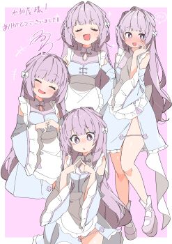 Rule 34 | +++, 1girl, :d, absurdres, apron, averting eyes, bare legs, blush, border, bright pupils, china dress, chinese clothes, closed eyes, commentary request, commission, cowboy shot, detached sleeves, dress, embarrassed, frilled apron, frilled sleeves, frills, full body, grey dress, grey shoes, highres, index fingers together, indie virtual youtuber, long hair, long sleeves, looking down, minakamo fuyori, multi-source commentary, multiple views, no nose, nose blush, open mouth, outside border, partial commentary, platform shoes, purple background, purple eyes, purple hair, raised inner eyebrows, shoes, side slit, signature, simple background, skeb commission, smile, smug, sparkle, sparkling aura, spoken blush, tearing up, thank you, thighs, triangle mouth, uruti 2388, v-shaped eyebrows, virtual youtuber, waist apron, white apron, white border, white pupils, wide sleeves