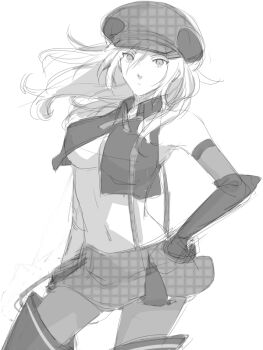 Rule 34 | 10s, 1girl, alisa ilinichina amiella, bare shoulders, boots, breasts, elbow gloves, female focus, fingerless gloves, gloves, god eater, god eater burst, greyscale, hat, hiki-wota, large breasts, long hair, looking at viewer, monochrome, open clothes, pantyhose, silver hair, simple background, skirt, solo, suspender skirt, suspenders, thigh boots, thighhighs, underboob
