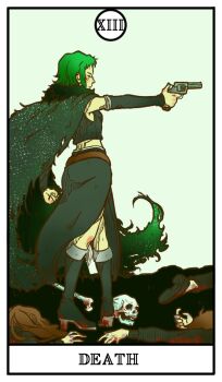 1girl aiming black_boots black_cape black_leg_warmers black_shoes black_sleeves blood blood_on_feet bone boots brown_hair cape corpse cropped_jacket death_(tarot) detached_sleeves evillious_nendaiki fur-trimmed_cape fur_trim green_eyes green_hair gumi gun handgun high_heel_boots high_heels highres holding holding_gun holding_weapon holster knee_boots leather_belt leg_warmers long_skirt lorehappy lying master_of_the_hellish_yard_(vocaloid) midriff nemesis_no_juukou_(vocaloid) nemesis_sudou on_floor on_stomach revolver roman_numeral serious shoes sidelocks skirt skirt_cutout skull sleeveless sleeveless_jacket tarot torn_cape torn_clothes vocaloid weapon