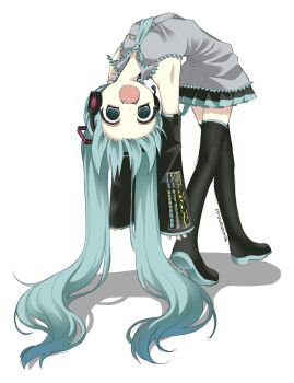 1girl aqua_bow aqua_bowtie aqua_eyes aqua_hair aqua_trim arched_back arms_up black_boots black_skirt black_sleeves boots bow bowtie collared_shirt detached_sleeves fang from_behind from_side full_body grey_shirt hatsune_miku headphones highres knee_boots long_hair long_sleeves looking_at_viewer looking_back miniskirt open_mouth pleated_skirt shirt simple_background skirt sleeveless sleeveless_shirt solo standing strawbunimilk twintails very_long_hair vocaloid white_background
