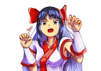 Rule 34 | 1girl, absurdres, ainu clothes, artist name, blue hair, breasts, claw pose, fingerless gloves, gloves, grey eyes, highres, long hair, looking at viewer, nakoruru, open mouth, samurai spirits, small breasts, smile, snk, solo, teeth, the king of fighters, tongue