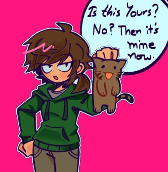 Rule 34 | 1girl, ahoge, animal, black eyes, blush, breasts, brown cat, brown hair, brown pants, cat, cherry (plushbunz), commentary, cowboy shot, drawstring, eddsworld, ell (eddsworld), english commentary, english text, fewer digits, green hoodie, grey shirt, hand on own hip, holding, holding animal, holding cat, hood, hood down, hoodie, long hair, long sleeves, looking at viewer, low ponytail, open mouth, pants, pink background, ponytail, scruffing, shirt, side ponytail, simple background, solo focus, speech bubble, swept bangs, tabby cat, tequila (eddsworld), toon (style), v-shaped eyes