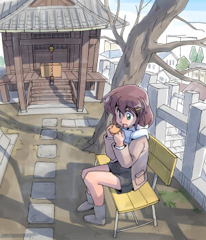 1girl :d bench black_skirt boots brown_hair building day food green_eyes grey_boots grey_jacket hair_ornament hairclip highres holding holding_food house jacket masuki medium_hair open_mouth original outdoors scarf shadow shrine skirt smile solo stairs stepping_stones tree