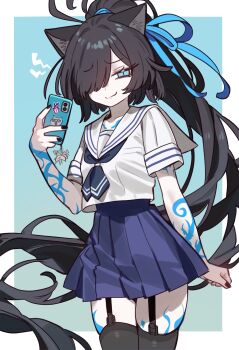 Rule 34 | 1girl, alternate costume, animal ears, black hair, black thighhighs, blue eyes, body markings, cat ears, dark kasli (nyanko daisensou), ebora, garter belt, hair over one eye, hair ribbon, highres, holding, holding phone, kasli (nyanko daisensou), long hair, nyanko daisensou, phone, ponytail, ribbon, school uniform, serafuku, smug, thigh strap, thighhighs, very long hair