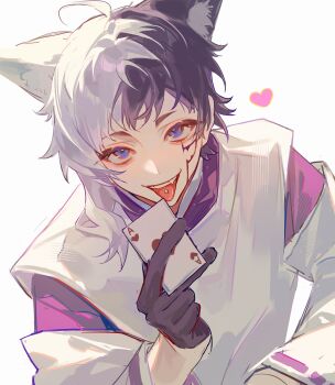 1boy absurdres animal_ear_fluff animal_ears asagiri_gen asymmetrical_hair black_gloves black_hair blue_eyes card cat_ears chinese_commentary chunjinran000 commentary_request detached_sleeves dr._stone facepaint gloves half_gloves heart highres holding holding_card japanese_clothes kariginu kemonomimi_mode kimono long_sleeves looking_at_viewer male_focus multicolored_hair open_mouth piercing purple_kimono sanpaku simple_background smile solo split-color_hair tongue tongue_out tongue_piercing two-tone_hair upper_body white_background white_hair white_sleeves