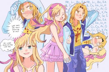 ahoge arm_hug blonde_hair blue_eyes blue_pants blush braid contemporary couple edward_elric english_text flamel_symbol fullmetal_alchemist gloves happy hetero highres jacket kiss kissing_cheek light_blush lyjee_alt miniskirt pants periodic_table pink_skirt shirt simple_background skirt speech_bubble white_background white_gloves winry_rockbell yellow_eyes yellow_shirt