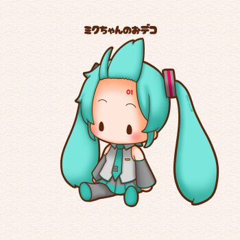 1girl abstract_background absurdres aqua_hair aqua_necktie aqua_skirt armpit_peek armpits artist_name bare_shoulders black_boots black_skirt black_sleeves blush boots chibi chibi_only collared_shirt commentary_request detached_sleeves facing_to_the_side floating_hair forehead forehead_tattoo fuwapuchi grey_background grey_shirt hair_ornament hairclip hatsune_miku highres long_hair looking_to_the_side miniskirt mosaic_background necktie number_tattoo pleated_skirt sh1n_chan shirt sidelocks signature sitting skirt sleeveless sleeveless_shirt solid_oval_eyes solo striped_clothes striped_shirt striped_sleeves tattoo thigh_boots twintails two-tone_skirt very_long_hair vocaloid