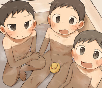 3boys bath bathtub blush brown_hair completely_nude convenient_censoring highres ijipon looking_at_viewer male_focus multiple_boys nipples nude original partially_submerged rubber_duck same-sex_bathing shared_bathing short_hair shota sitting smile
