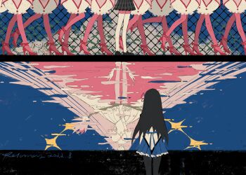 6+girls absurdly_long_hair absurdres akemi_homura akemi_homura_(magical_girl) black_footwear black_hair black_skirt blue_sky bow_(weapon) bubble_skirt chain-link_fence cloud cloudy_sky dated different_reflection dress facing_away fence flat_color frilled_skirt frills high_heels highres kaname_madoka kaname_madoka_(magical_girl) kyubey limited_palette loafers long_hair magical_girl mahou_shoujo_madoka_magica mitakihara_school_uniform multiple_girls out_of_frame pink_hair plaid_clothes plaid_skirt plant pleated_skirt red_footwear reflection reflective_liquid relanoy school_uniform sequential shoes skirt sky standing surreal thighhighs ultimate_madoka very_long_hair vines walking weapon white_dress white_thighhighs winged_footwear