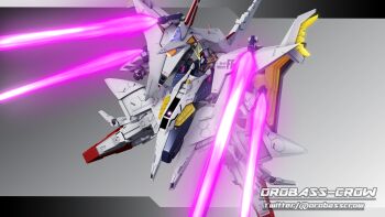 3d absurdres beam_cannon energy_sword commentary_request earth_federation energy_cannon energy_gun firing gradient_background gundam gundam_hathaway's_flash highres inviter_oro machinery mecha mecha_focus mobile_suit no_humans penelope_(hathaway's_flash) purple_eyes robot shield shoulder_cannon weapon