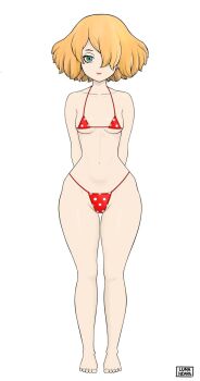1girl arms_behind_back bikini blonde_hair dr._stone hair_over_one_eye highres luna_wright melonpeachcakee polka_dot polka_dot_bikini swimsuit