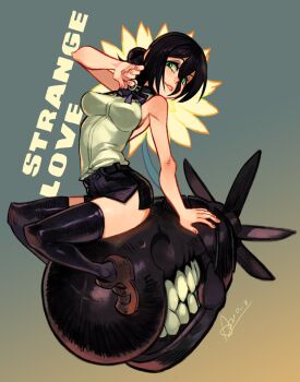 Rule 34 | 1girl, alex ahad, black choker, black hair, black ribbon, bomb devil (chainsaw man), breasts, chainsaw man, choker, closed mouth, collared shirt, commentary, disembodied head, english commentary, english text, green eyes, grenade pin, hair between eyes, hair bun, highres, long hair between eyes, looking at viewer, neck ribbon, reze (chainsaw man), ribbon, shirt, short hair, signature, single hair bun, sitting, sleeveless, sleeveless shirt, smile, solo, white shirt