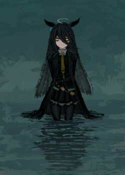 Rule 34 | 1girl, absurdres, ahoge, animal ears, arms behind back, black choker, black coat, black hair, black pantyhose, black shirt, black skirt, choker, closed mouth, coat, collared shirt, ear tag, earrings, hair between eyes, highres, horse ears, horse girl, horse tail, jewelry, long bangs, long hair, long hair between eyes, long sleeves, looking at viewer, manhattan cafe (creeping shadow) (umamusume), manhattan cafe (umamusume), multicolored hair, necktie, pantyhose, shirt, single earring, skirt, solo, tail, thefatum, umamusume, very long hair, wading, water, white hair, yellow eyes, yellow necktie